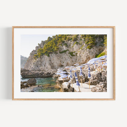 Serene Coastal Retreat with Beach Umbrellas and Scenic Cliffs in Oil Painting