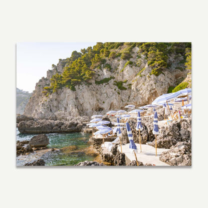 Serene Coastal Retreat with Beach Umbrellas and Scenic Cliffs in Oil Painting