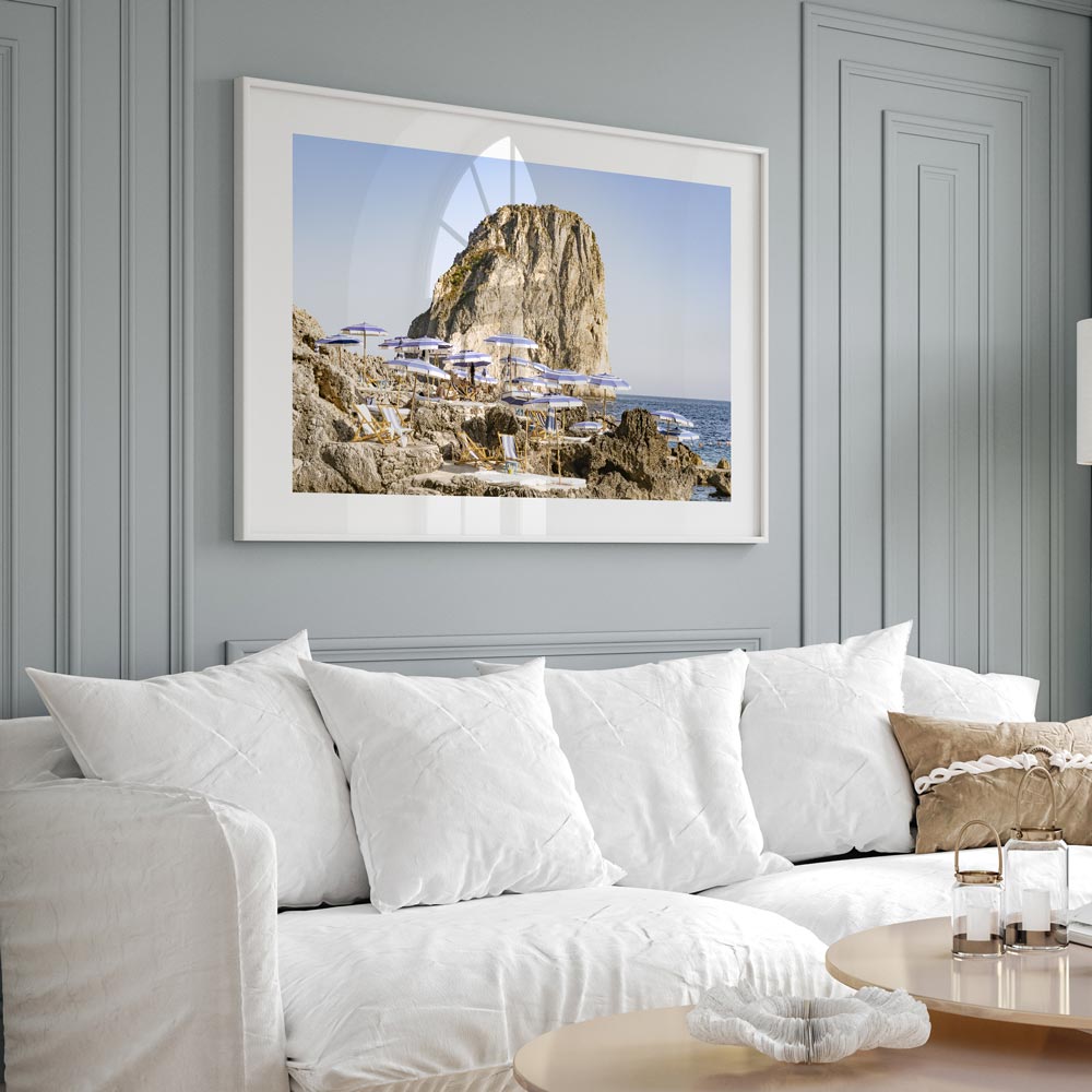 Serene Coastal Escape: Majestic Rock and Beach Loungers Oil Painting