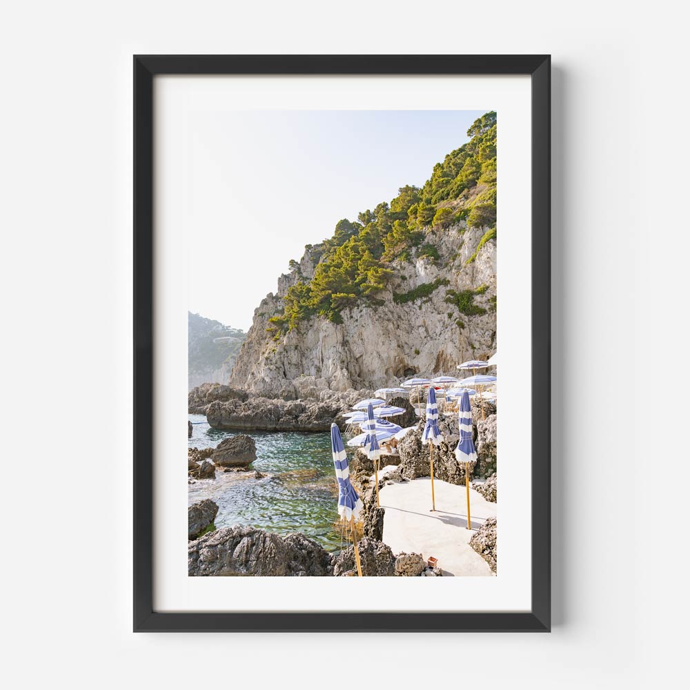 Serene Coastal Escape with Umbrellas and Crystal Waters