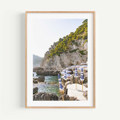 Serene Coastal Escape with Umbrellas and Crystal Waters