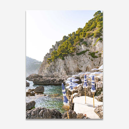 Serene Coastal Escape with Umbrellas and Crystal Waters