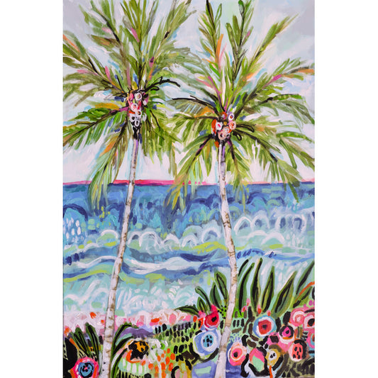 Tropical Paradise Oil Painting with Palm Trees and Ocean Waves