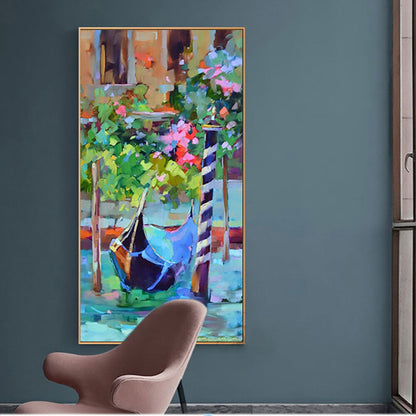 Charming Venetian Gondola with Vibrant Flowers - Colorful Oil Painting