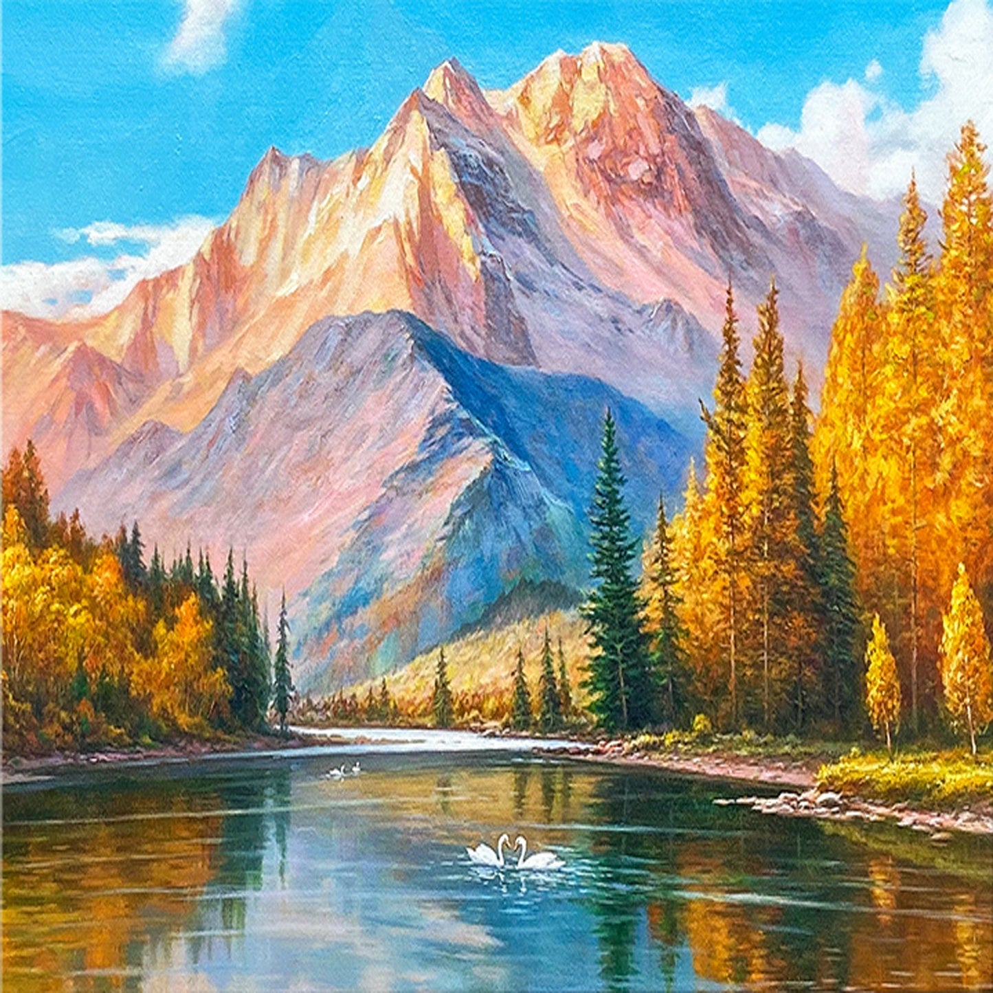 Serene Mountain Reflection in Autumn Landscape Oil Painting