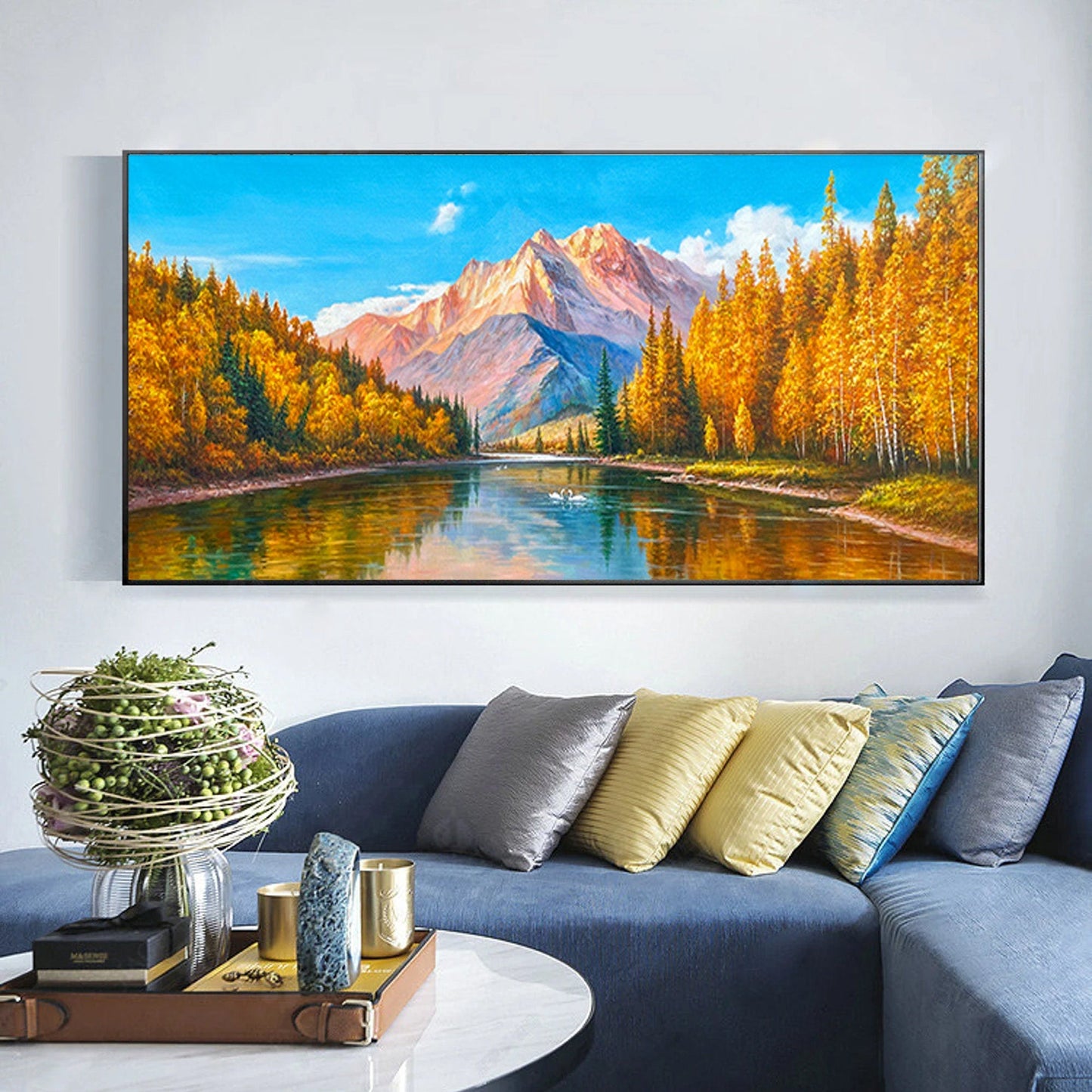 Serene Mountain Reflection in Autumn Landscape Oil Painting