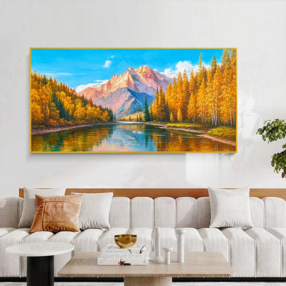 Serene Mountain Reflection in Autumn Landscape Oil Painting