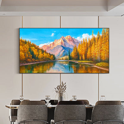 Serene Mountain Reflection in Autumn Landscape Oil Painting