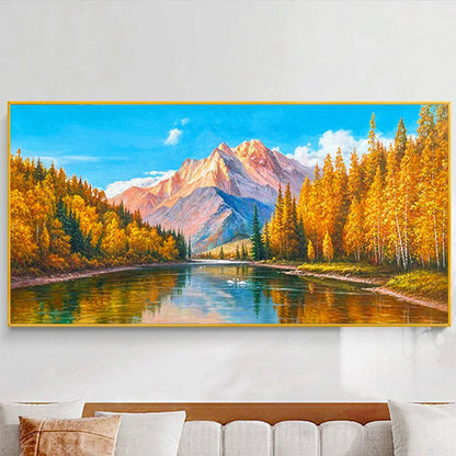 Serene Mountain Reflection in Autumn Landscape Oil Painting