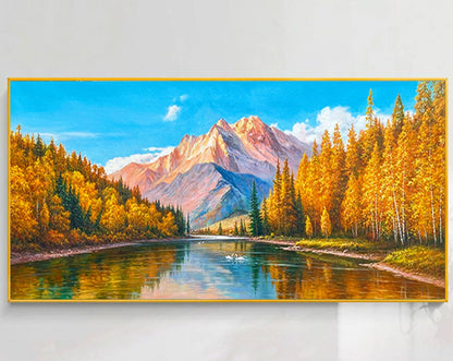 Serene Mountain Reflection in Autumn Landscape Oil Painting