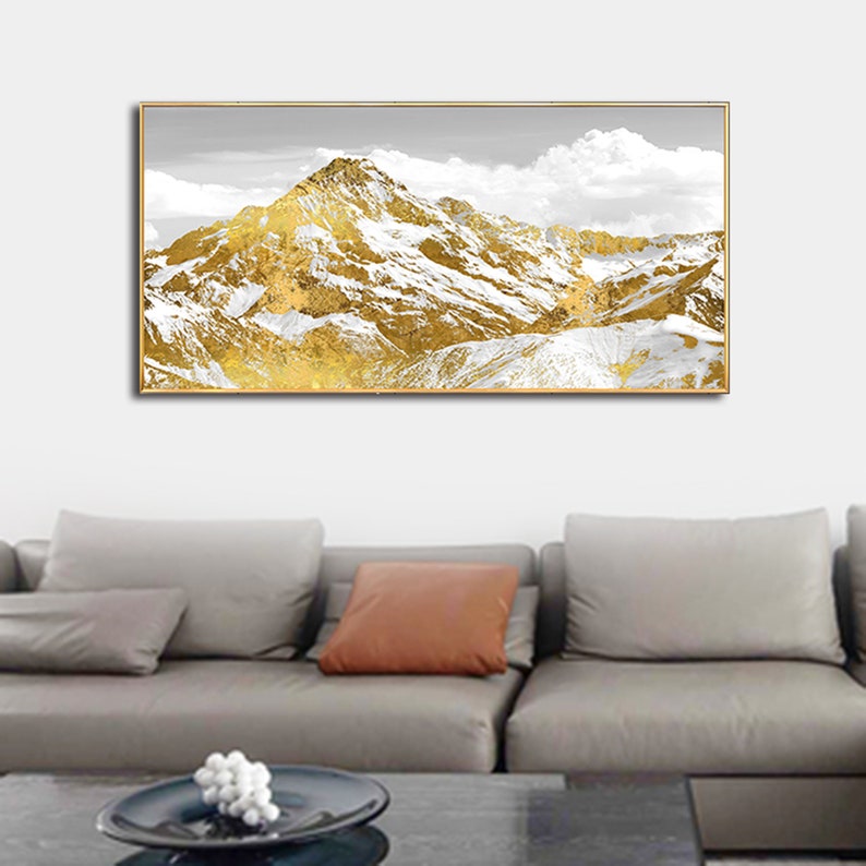 Majestic Mountain Landscape with Golden Highlights - Oil Painting for Elegant Home Decor