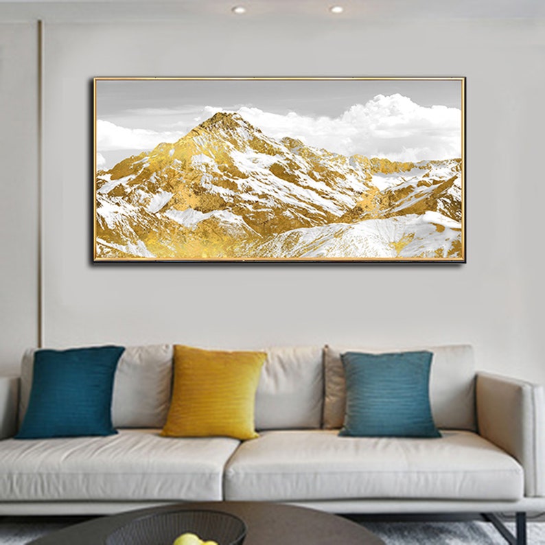 Majestic Mountain Landscape with Golden Highlights - Oil Painting for Elegant Home Decor