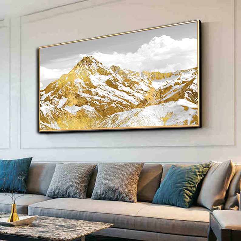 Majestic Mountain Landscape with Golden Highlights - Oil Painting for Elegant Home Decor