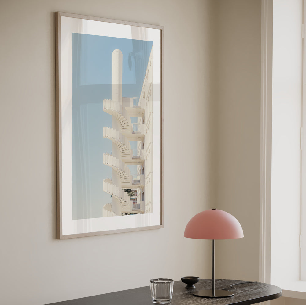 Spiral Staircase Serenity: Elegant Oil Painting of Modern Architecture