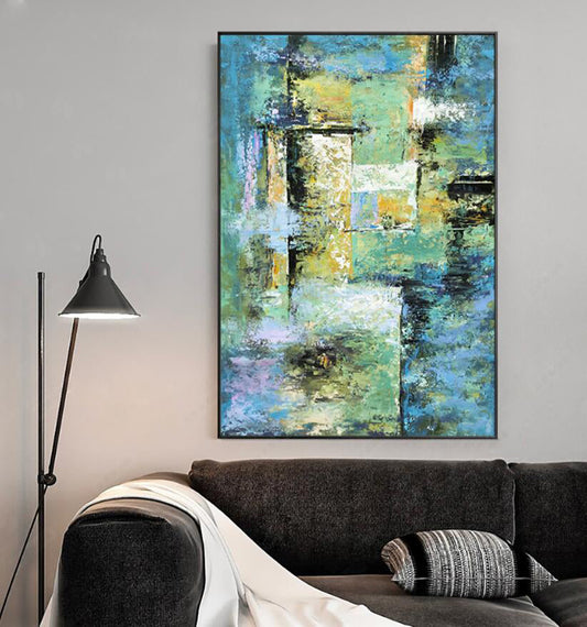 Stunning Abstract Oil Painting in Vibrant Blues and Yellows for Modern Home Decor