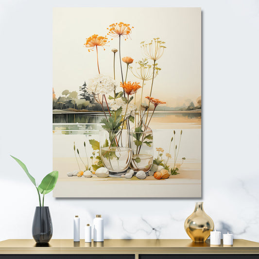 Minimalist White Beige Oil Painting of Elegant Flower Arrangement in Glass Vases