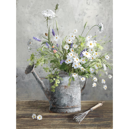 Charming Watering Can with Fresh Wildflowers Oil Painting for Garden Lovers