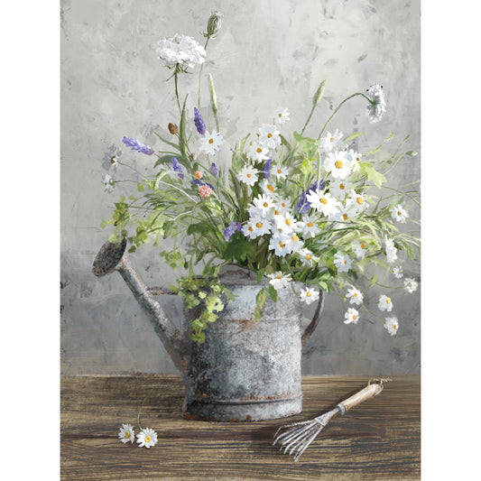 Charming Watering Can with Fresh Wildflowers Oil Painting for Garden Lovers