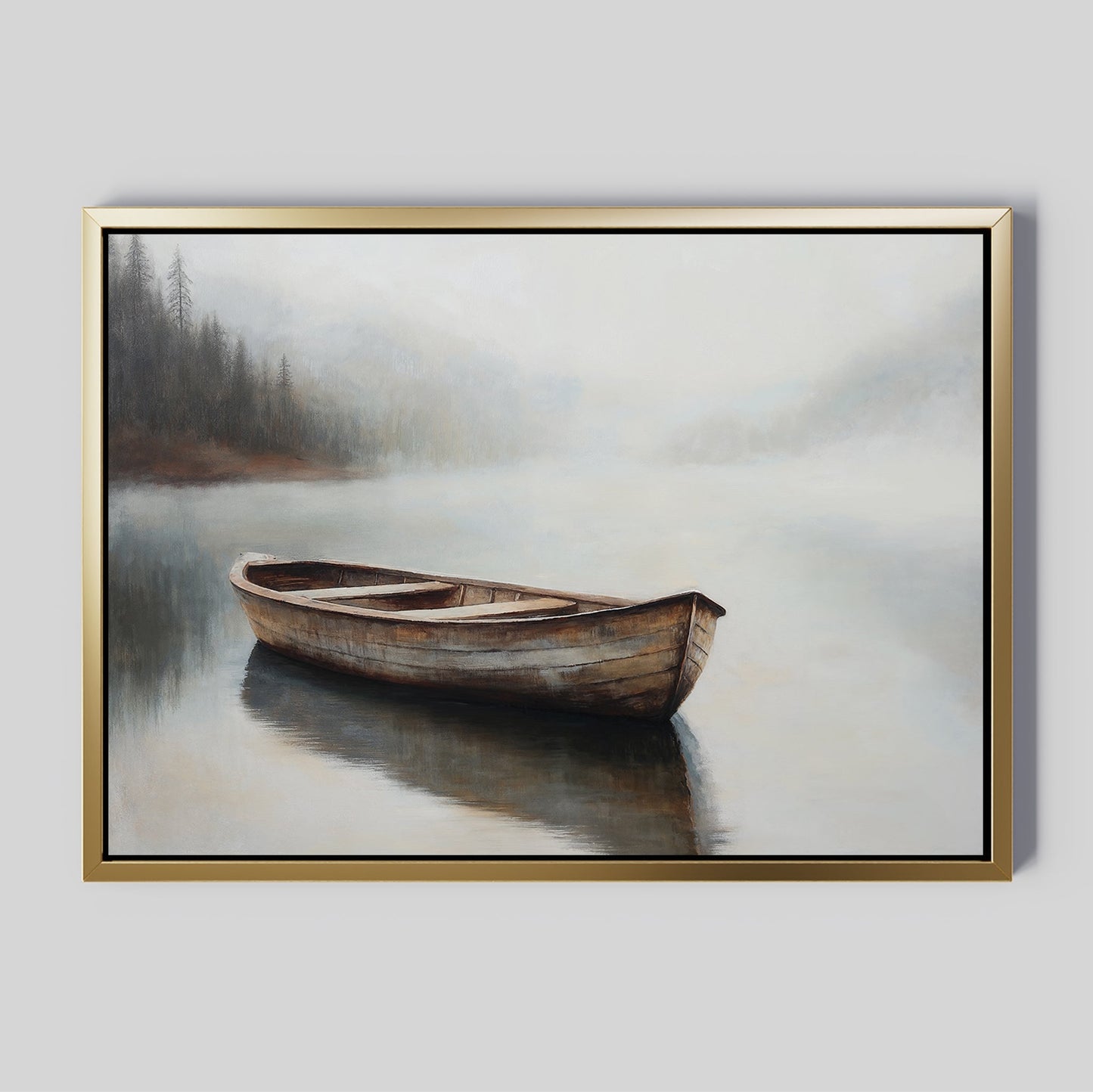 Serene Oil Painting of a Wooden Boat in Foggy Water – Tranquil Canvas Art