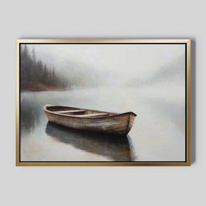 Serene Oil Painting of a Wooden Boat in Foggy Water – Tranquil Canvas Art