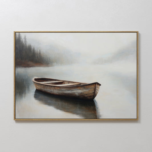 Serene Oil Painting of a Wooden Boat in Foggy Water – Tranquil Canvas Art