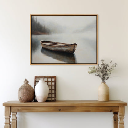 Serene Oil Painting of a Wooden Boat in Foggy Water – Tranquil Canvas Art