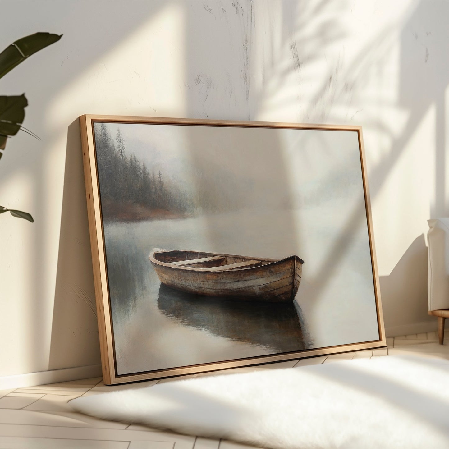 Serene Oil Painting of a Wooden Boat in Foggy Water – Tranquil Canvas Art