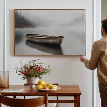 Serene Oil Painting of a Wooden Boat in Foggy Water – Tranquil Canvas Art