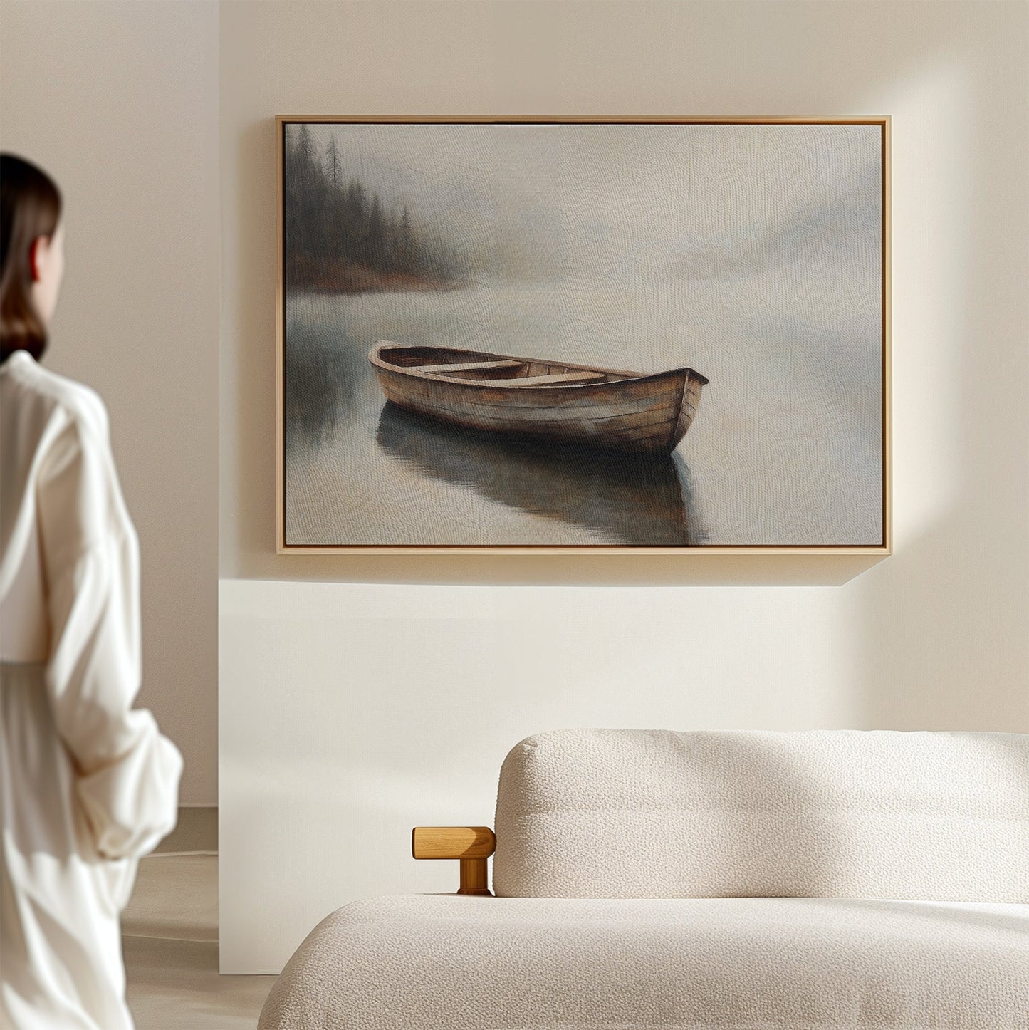 Serene Oil Painting of a Wooden Boat in Foggy Water – Tranquil Canvas Art