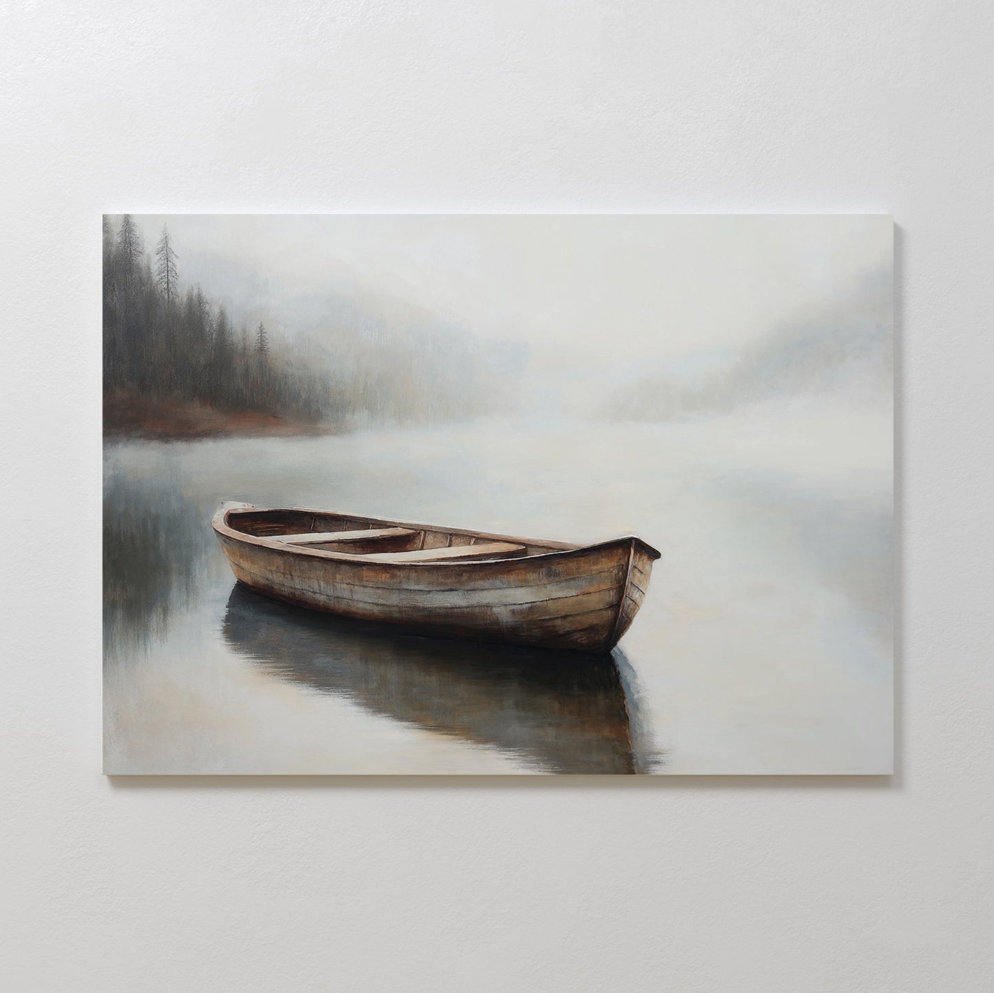 Serene Oil Painting of a Wooden Boat in Foggy Water – Tranquil Canvas Art
