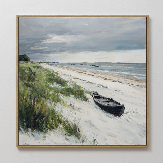 Coastal Serenity: Tranquil Beach Landscape Oil Painting with Rowboat