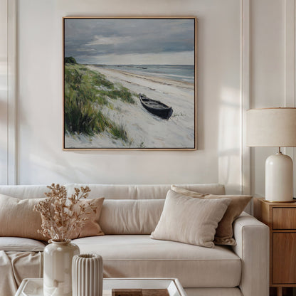 Coastal Serenity: Tranquil Beach Landscape Oil Painting with Rowboat