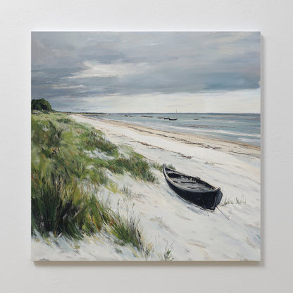 Coastal Serenity: Tranquil Beach Landscape Oil Painting with Rowboat