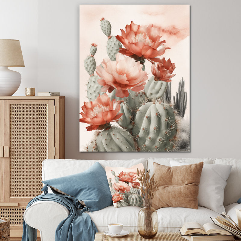 Vibrant Red Cactus Flowers in a Desert Landscape Oil Painting
