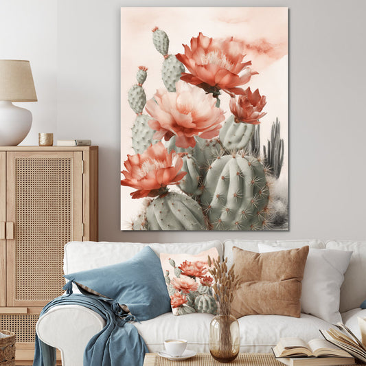 Vibrant Red Cactus Flowers in a Desert Landscape Oil Painting