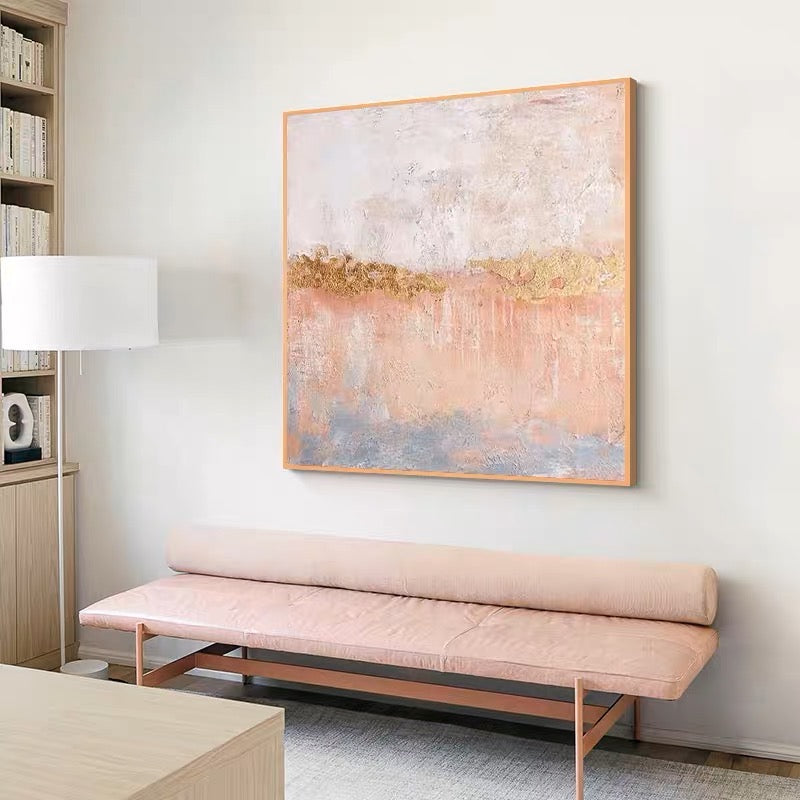 Serene Abstract Landscape Oil Painting with Soft Pastels and Golden Accents