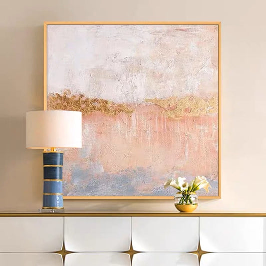 Serene Abstract Landscape Oil Painting with Soft Pastels and Golden Accents