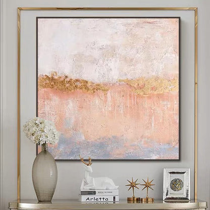 Serene Abstract Landscape Oil Painting with Soft Pastels and Golden Accents