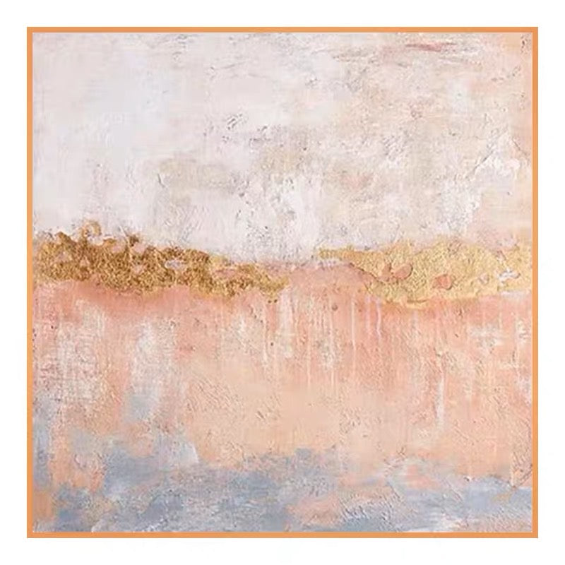 Serene Abstract Landscape Oil Painting with Soft Pastels and Golden Accents