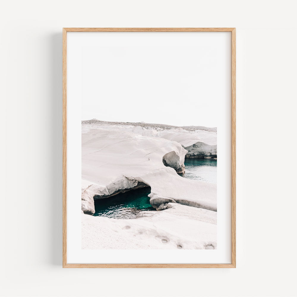 Tranquil Ocean View: Ethereal Oil Painting of Serene Waters and Scenic Rocks