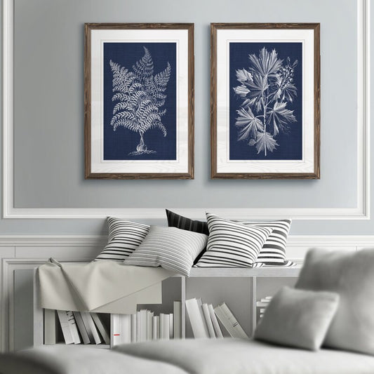 Navy Botanical Art Print Set - Elegant Fern and Leaf Wall Decor for Modern Interiors