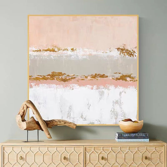 Elegant Abstract Oil Painting in Soft Pink and Gold Tones for Modern Decor