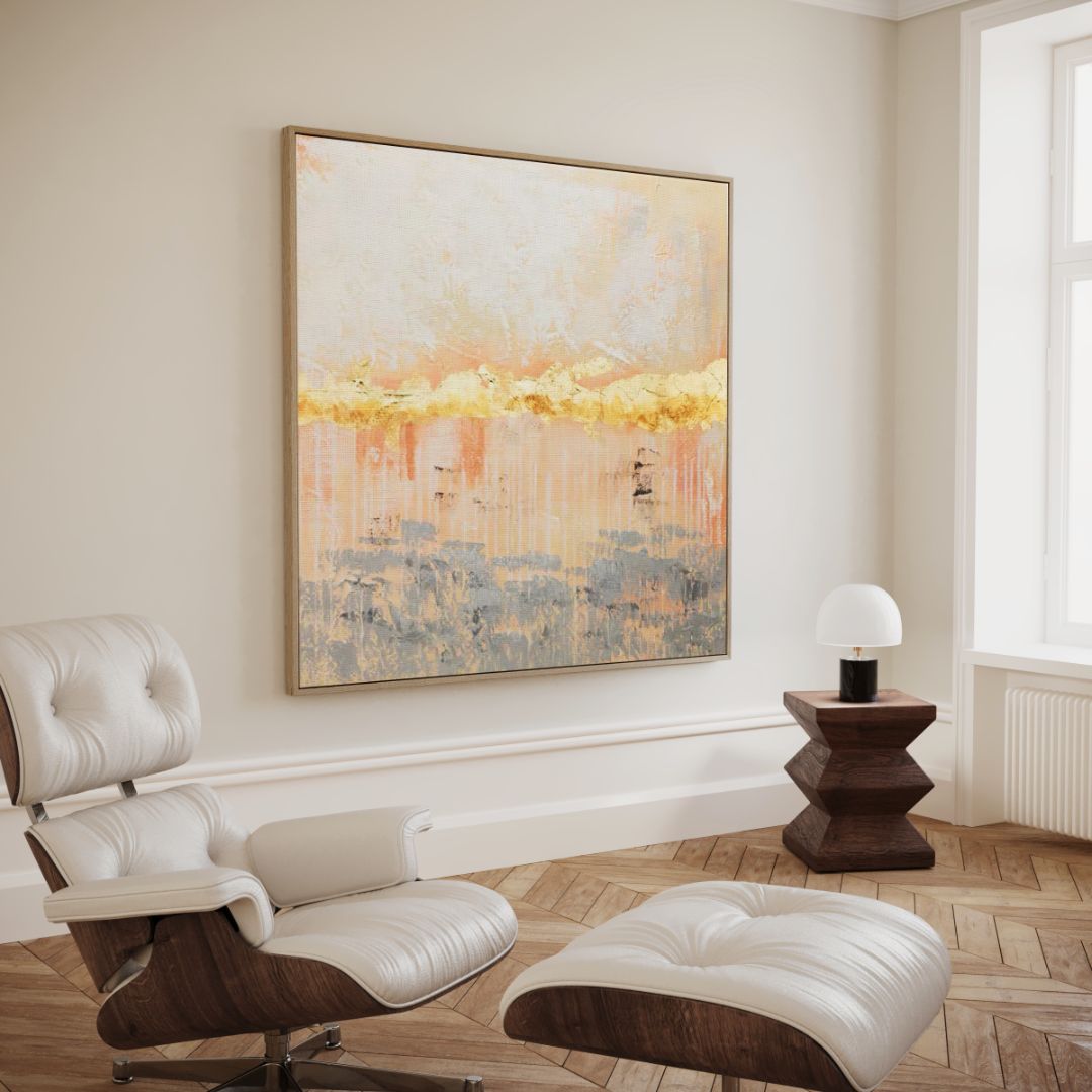 Elegant Abstract Oil Painting with Golden Touches and Soft Color Palette