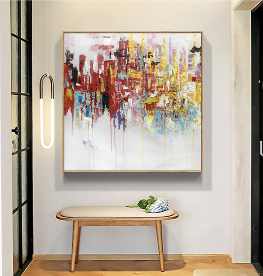 Vibrant Abstract Oil Painting of Madrid's Colorful Cityscape for Home Decor