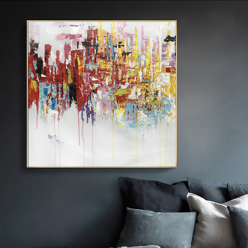 Vibrant Abstract Oil Painting of Madrid's Colorful Cityscape for Home Decor