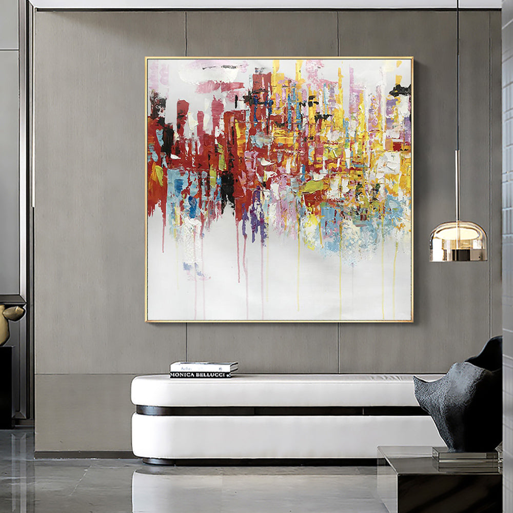 Vibrant Abstract Oil Painting of Madrid's Colorful Cityscape for Home Decor