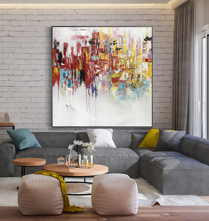 Vibrant Abstract Oil Painting of Madrid's Colorful Cityscape for Home Decor