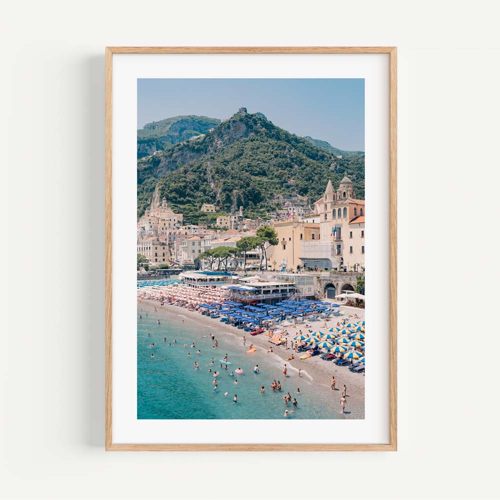 Vibrant Amalfi Coast Retreat - Serene Beach and Colorful Umbrellas Oil Painting