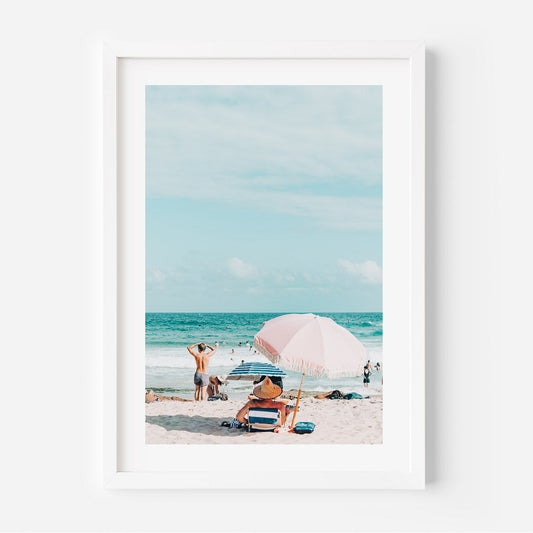 Sunny Day at Maroubra Beach - Relaxing Bathers Under Pink Umbrella