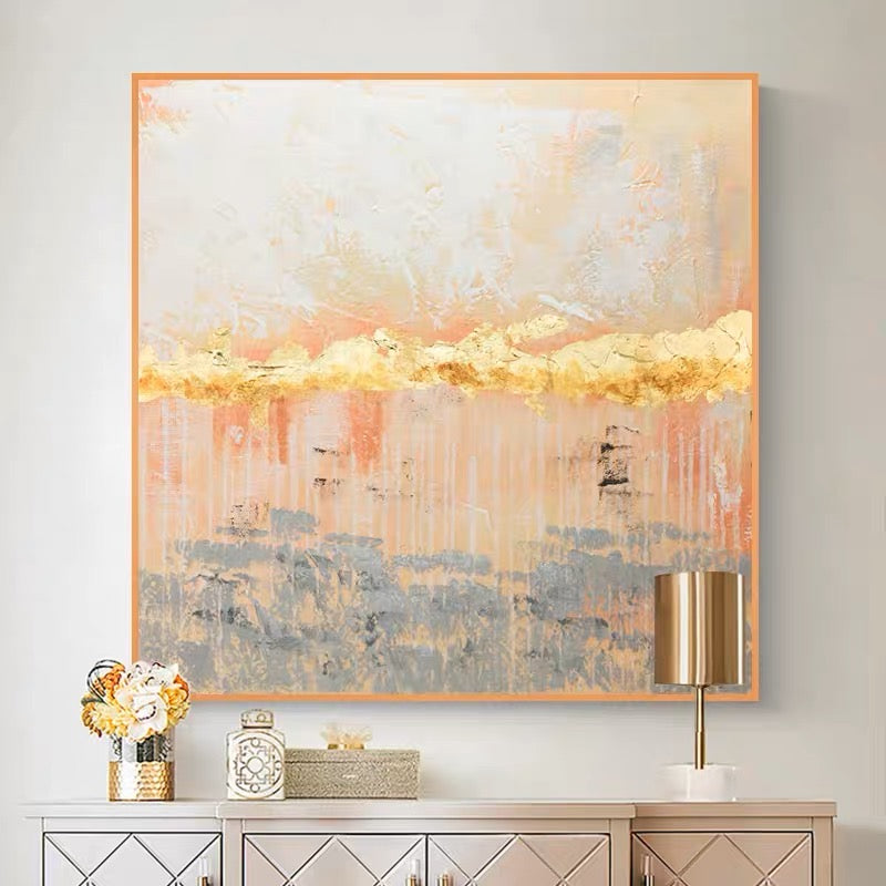 Elegant Abstract Oil Painting with Golden Touches and Soft Color Palette